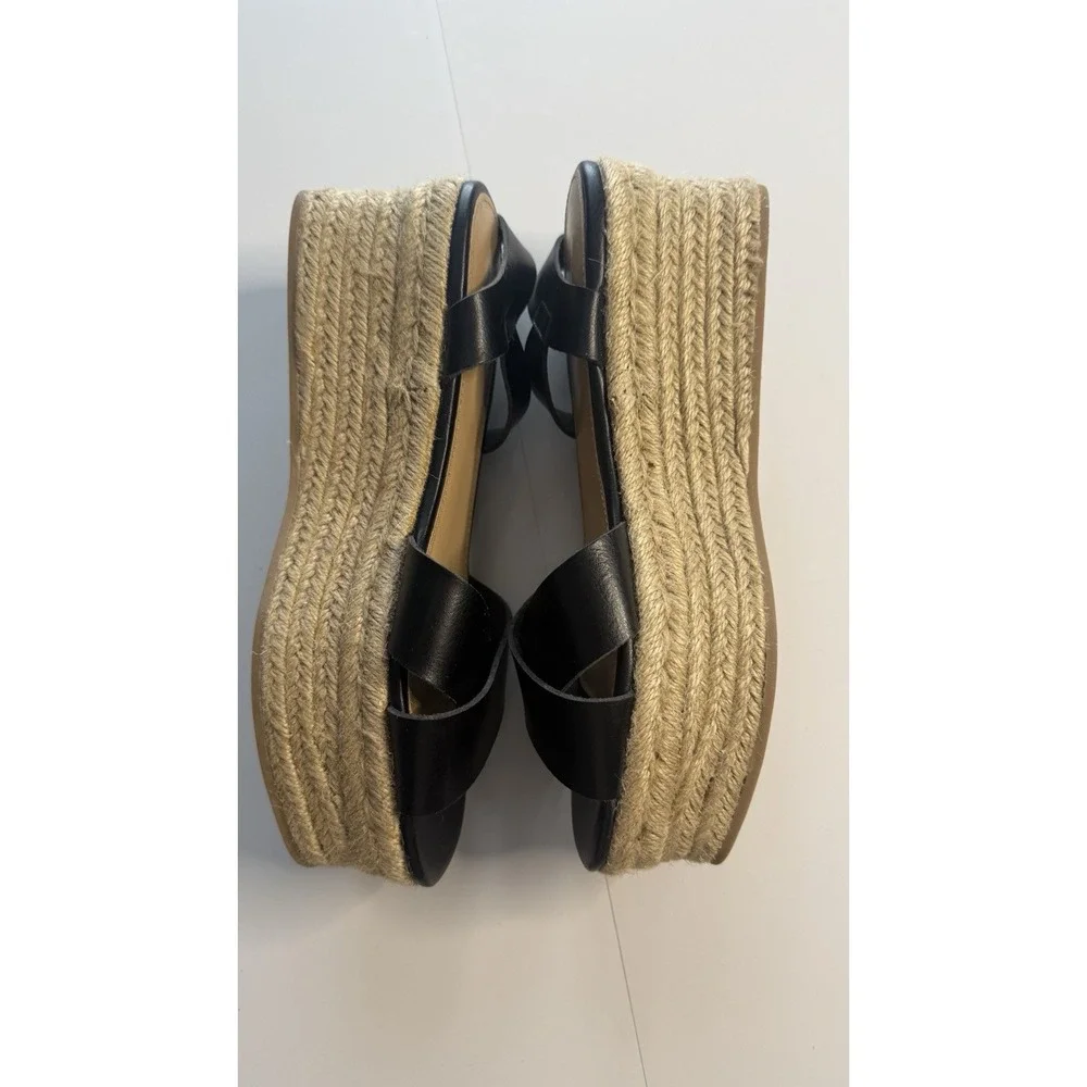 Black Faux Leather Espardrille Sandals Sz 8 With 2 1/2 Inch Heel Black No Box